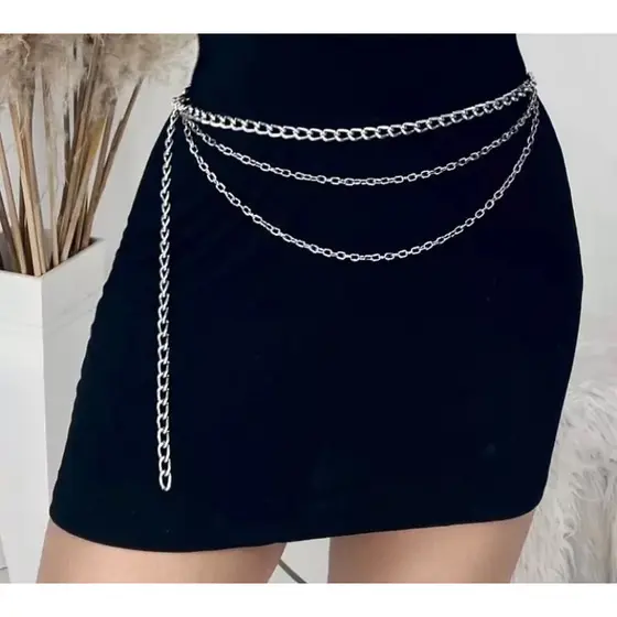 Cinto Corrente Feminino Dourado  Prata 3 Camadas Adulto Slim e Plus Size
