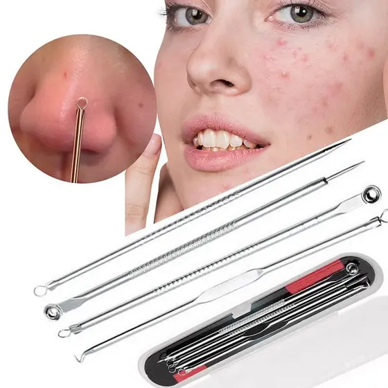 Kit Removedor de Cravos Com 4 Peças Aço Inoxidável Extrator Cravos Espinhas Acne Cuidado Facial  + Estojo