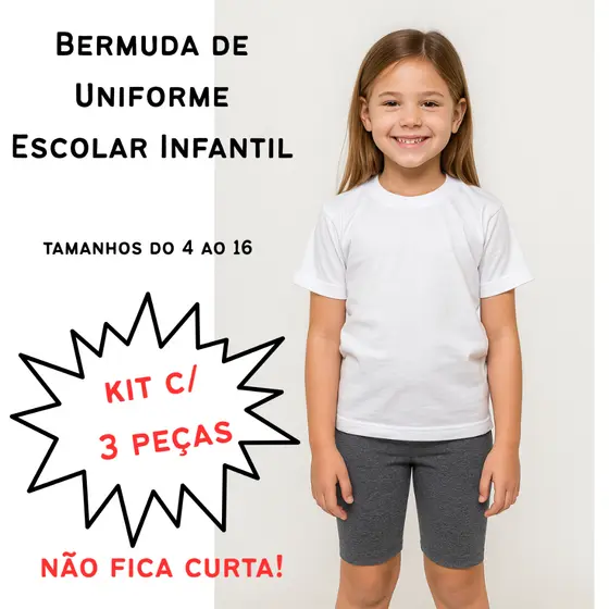 Kit c/3 Shorts Bermuda escolar infantil e juvenil do 4 ao 16 suplex costura reforçada e cós alto