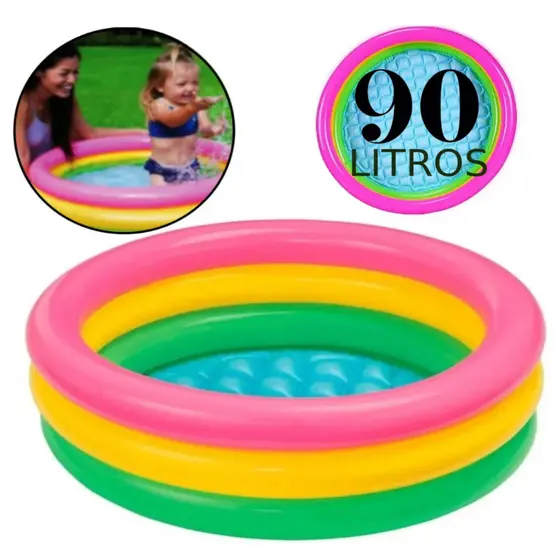Piscina Inflável Infantil Redonda 90 Litros Para Bebês e Crianças Com 3 Anéis Colorida Fundo Acolchoado Mais Segurança