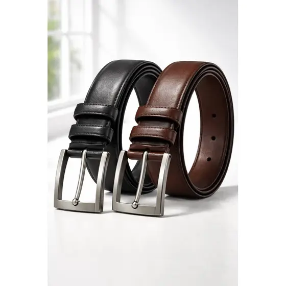 Kit 2 Cintos Couro Sintético Masculino e Feminino Preto e Marrom 3,5cm Ajustável 120cm Alta Qualidade