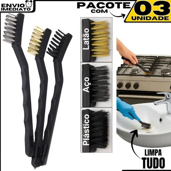 Kit Escovas Escovinhas Aço Multiuso Limpeza Limpa Grelha Churrasqueira Conjunto Jogo Cobre Nylon