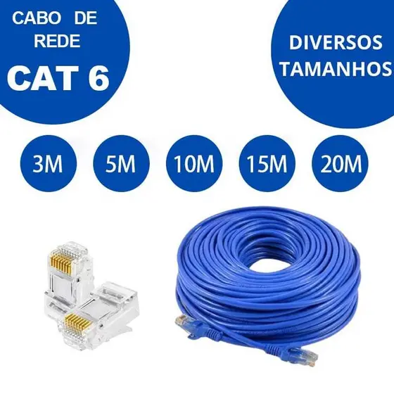 Cabo de Rede LAN Ethernet Cat6 Azul Montado RJ45 Internet,  Smartv, Tvbox, Games 3m/5m/10m/15m/20m
