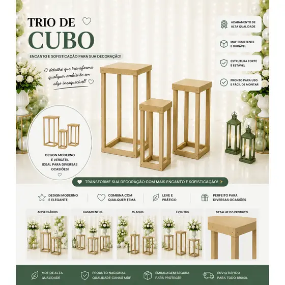 TRIO 03 PEÇAS de Mesa CUBO VAZADO  Quadrado Provençal Cubo Decoração Aniversário Mdf