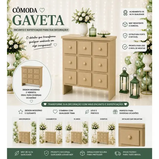 Cômoda Gaveta Decorativa Dobrável MDF Cru
