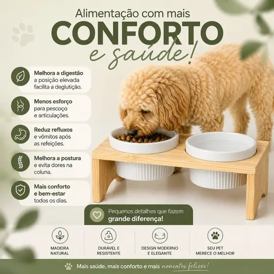 Comedouro Elevado Duplo Pet Madeira 2 Potes Cerâmica 210ml Cães e Gatos