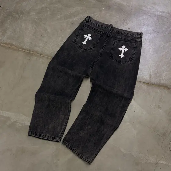 Calça Jeans Masculina Balão Baggy Streetwear Preto Estonado Com Cruz