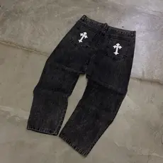 Calça Jeans Masculina Balão Baggy Streetwear Preto Estonado Com Cruz