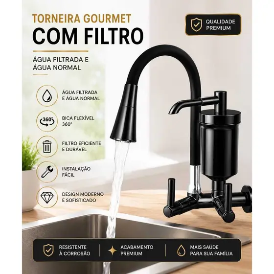 Torneira com Filtro Preta Parede 1/4 de Volta Luxo