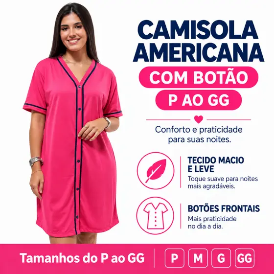 Camisola Feminina Americana com Botão Roupa de Dormir Gestante Pós-Parto Cirúrgica