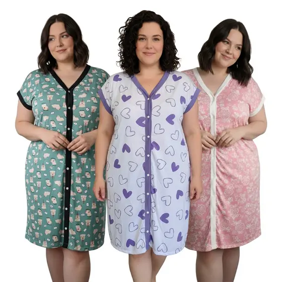 Kit 3 Camisolas Plus Size Abertas com Botões Toque Macio Modelagem Solta Super Confortáveis