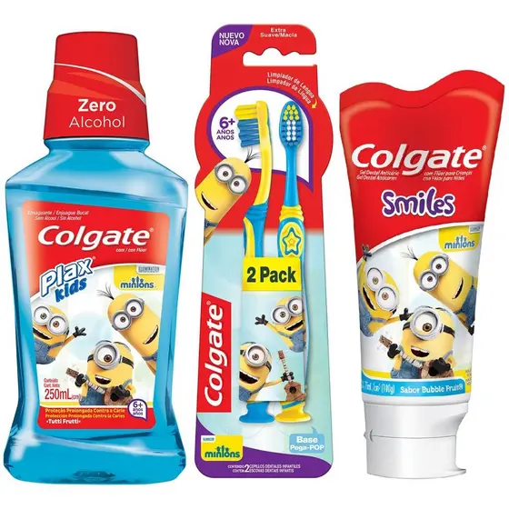 Kit Colgate Minions:Creme Dental 100g +Escova Dental +6 anos + Enxaguante Bucal Kids 250ml