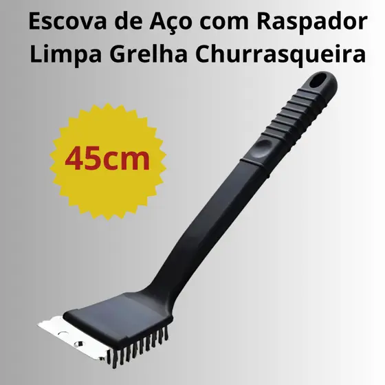 Escova de Aço Limpa Grelha Churrasqueira 45cm Premium com Raspador