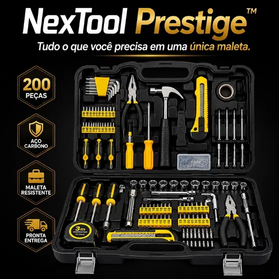 Kit Ferramentas Completo 200 Peças Com Maleta Resistente Organizador Preto Profissional