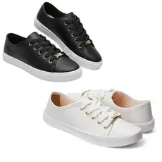 Kit Com 2 Tênis Casual Moleca Branco Preto Promoção Confortável Original