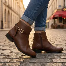 Bota Moleca de Fivela Lateral Feminina Salto Cano Curto