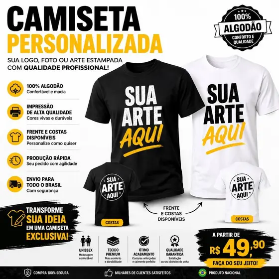 camiseta personalizada com sua arte logo foto frase 100% algodão unissex.