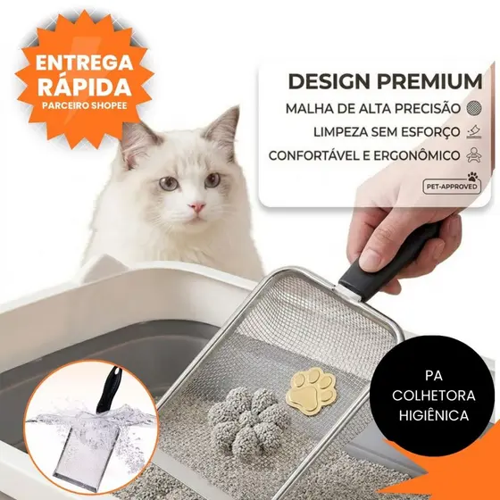 Pá Peneira de Areia Coletora Higiênica Pet Gato Cachorro Lagarto Aço Inox - Caixa de Areia