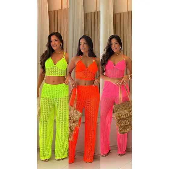 CONJUNTO FESTA DO NEON MODA FEMENINO FESTIVAL CORES NEON TENDÊNCIA MODA ESTILO costas vazadas orgânico