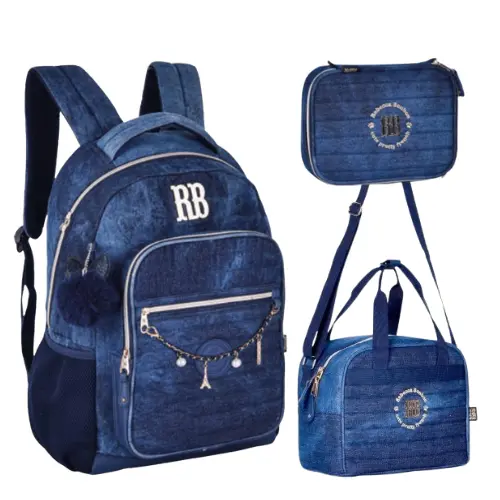 Conjunto Rebecca Bonbon Jeans Com Mochila Costas Mais Estojo Box Grande Mais Lancheira Termica