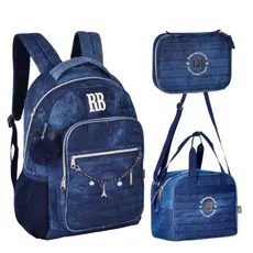Conjunto Rebecca Bonbon Jeans Com Mochila Costas Mais Estojo Box Grande Mais Lancheira Termica