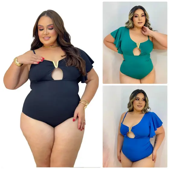 Body Plus Size Babado com Fivela Feminino Preto Veste 44 ao 50
