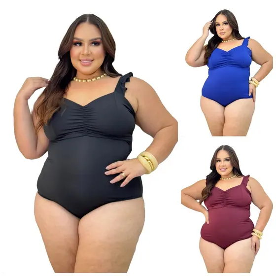 Body Maiô Plus Size Franzido no Peito com Manga Babado Estilo Delicado e Confortável 44 ao 50
