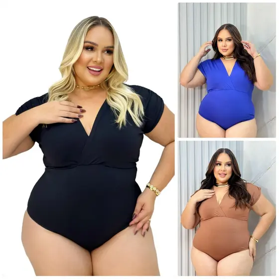 Body Maiô Plus Size Franzido Ombro Veste 44 ao 50