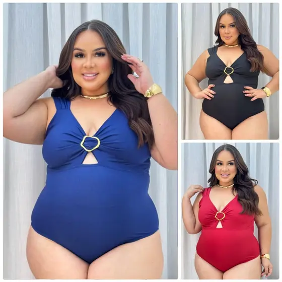 Body Maiô Plus Size Decote V Fivela Dourado Confortavel Para Praia E Piscina Veste 44 ao 50