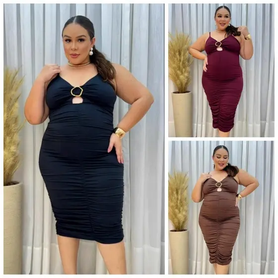 Vestido Suplex Plus Size Moderno Elegante com Fivela Assimétrica Preto Feminino Veste 44 ao 50