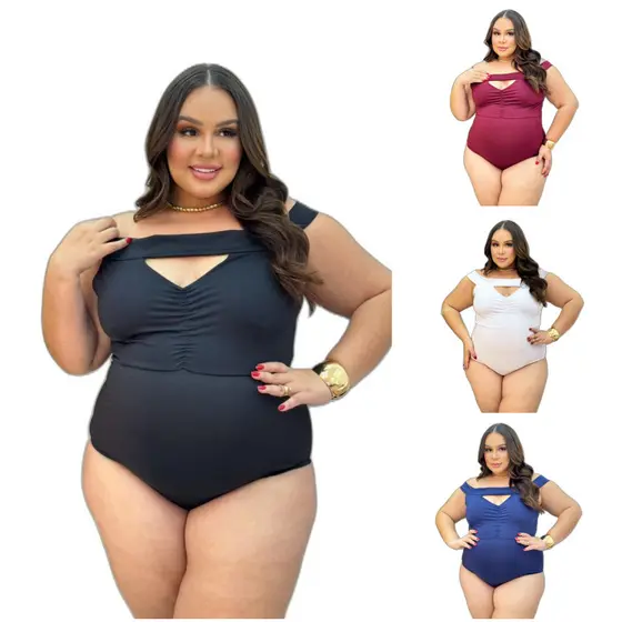 Maiô Body Preto Feminino Plus Size com Decote e Franzido Veste 44 ao 52