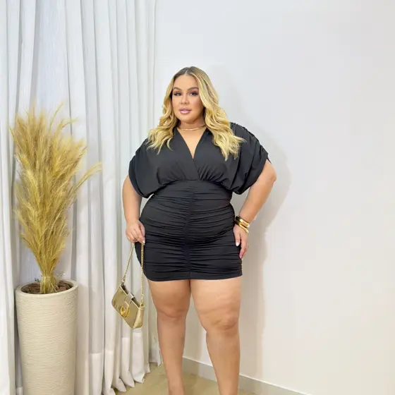 Vestido Curto Feminino Suplex Preto Plus Size Justo Decote V Moda Festa Casual