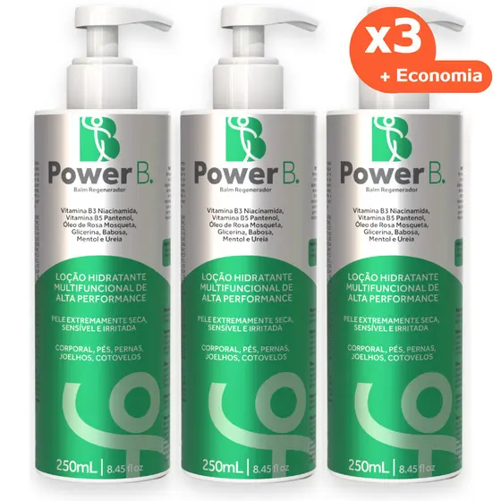 Kit 3 Loção super Hidratante Pele Seca e Extra Seca com Ureia 3% Glicerina Rosa Mosqueta Power Balm 250ml