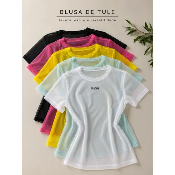 Blusa de Tule Feminina Transparente Manga Curta Segunda Pele Casual Academia