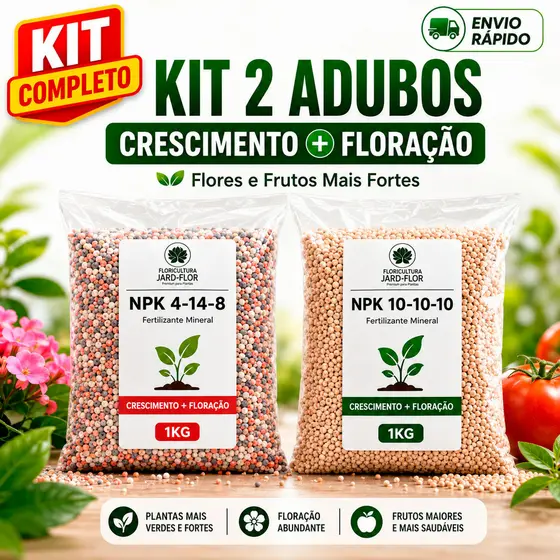 Kit Adubo NPK Completo 10-10-10 + 04-14-08 1KG Fertilizante Plantas Fortes Flores e Frutos Hortas Jardins Vasos