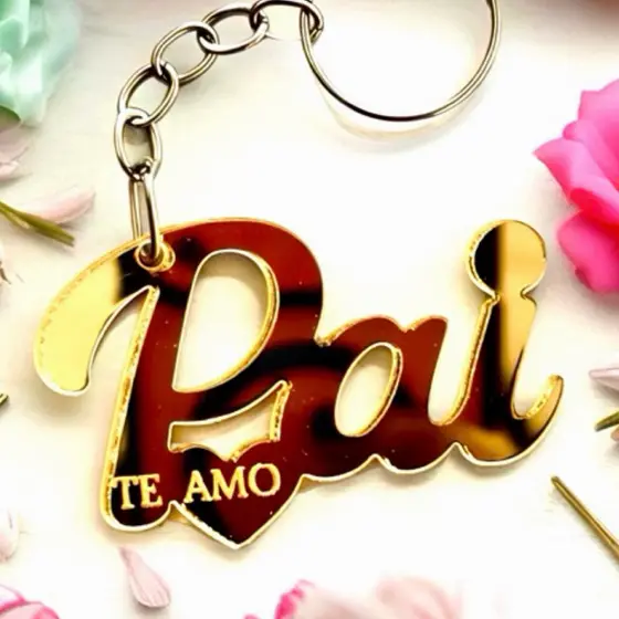 KIT Chaveiro Palavra Pai Acrílico Espelhado DOURADO. para festa, lembrancinhas dia dos pais