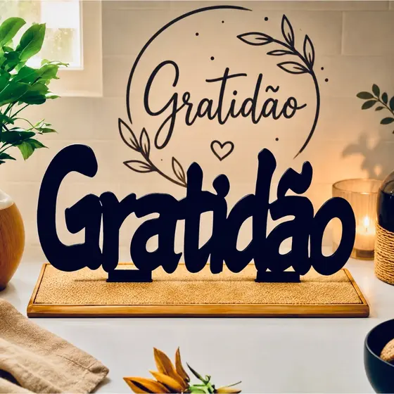 Palavra de Mesa Gratidão com base em Mdf Preto