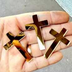 Kit Tag Aplique CRUZ ACRÍLICO ESPELHADO DOURADO, para igreja, decoração, festa