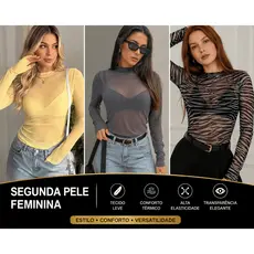 Segunda Pele Feminina Tule Manga Longa Transparente Moda Fashion