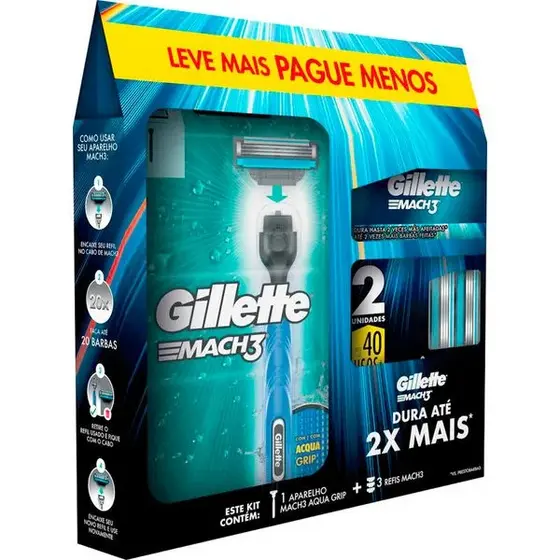Kit para Barbear Gillette 1 Aparelho Mach3 + 3 Cargas Mach3 1 Kit