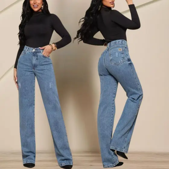 Calças Jeans Wid Leg Cos Alto Aumenta Bumbum Feminina Marmorizada Cintura Alta 100% Algodão Premium Pantalona boca larga