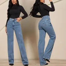 Calças Jeans Wid Leg Cos Alto Aumenta Bumbum Feminina Marmorizada Cintura Alta 100% Algodão Premium Pantalona boca larga
