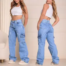 Calça Cargo Feminina Jeans Bolso Lateral Wid Leg Pantalona Cintura Alta Tendencia Momento 100% Algodao