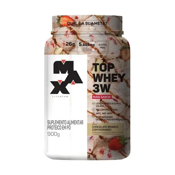 Top Whey Max Titanium 3W Mais Sabor Choco Branco Com Morango Pote 900g