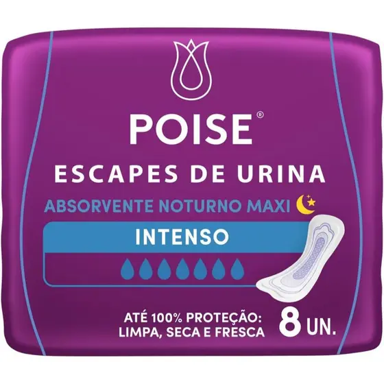 Poise Absorvente Noturno Maxi Fluxo Intenso Sem Abas 8 Unidades
