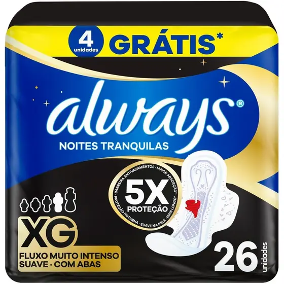 Absorvente Noturno Always Noites Tranquilas Cobertura Suave XG Com Abas 26 Un