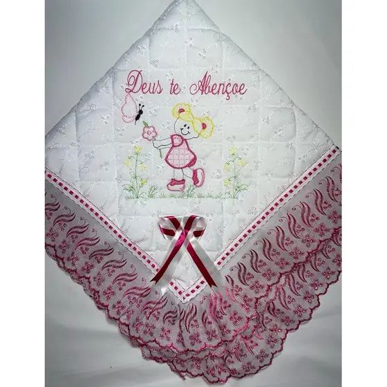 Manta De Lese Bordada Com Forro Menina Com Flor infantil