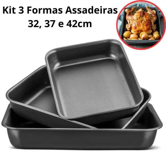 3 Formas Assadeiras 32 37 e 42cm Retangular Antiaderente Grande Aço Carbono Bolo Lasanha Assados