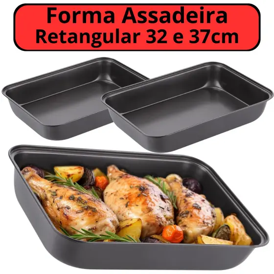 Formas Assadeiras 32cm 37cm Retangular Antiaderente Grande Aço Carbono Bolo Lasanha Carne Frango