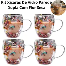 Kit Caneca Xícara de Vidro Duplo Parede Dupla Florida Flor Seca Bebidas Café Chá Expresso
